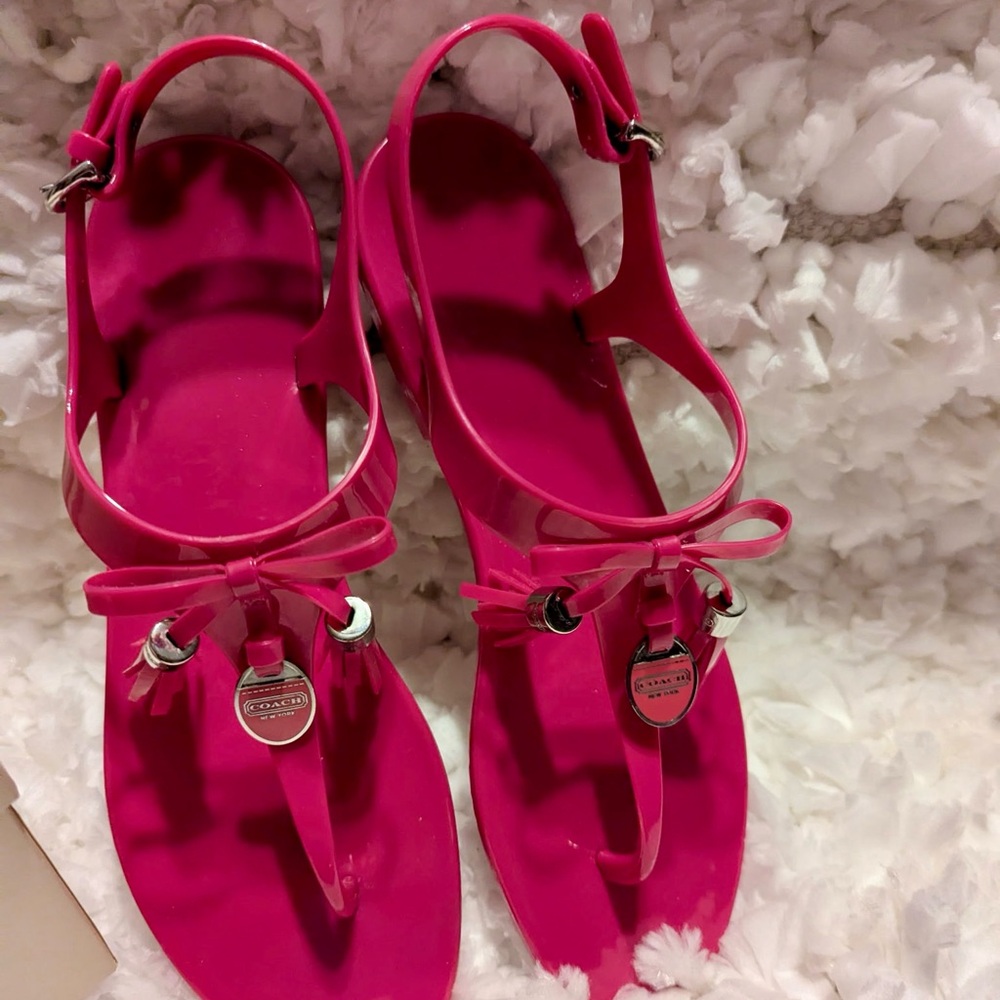 Coach Pink T-Strap Jelly Fuchsia Pink  Sandals with Metallic Accents - Picture 3 of 12